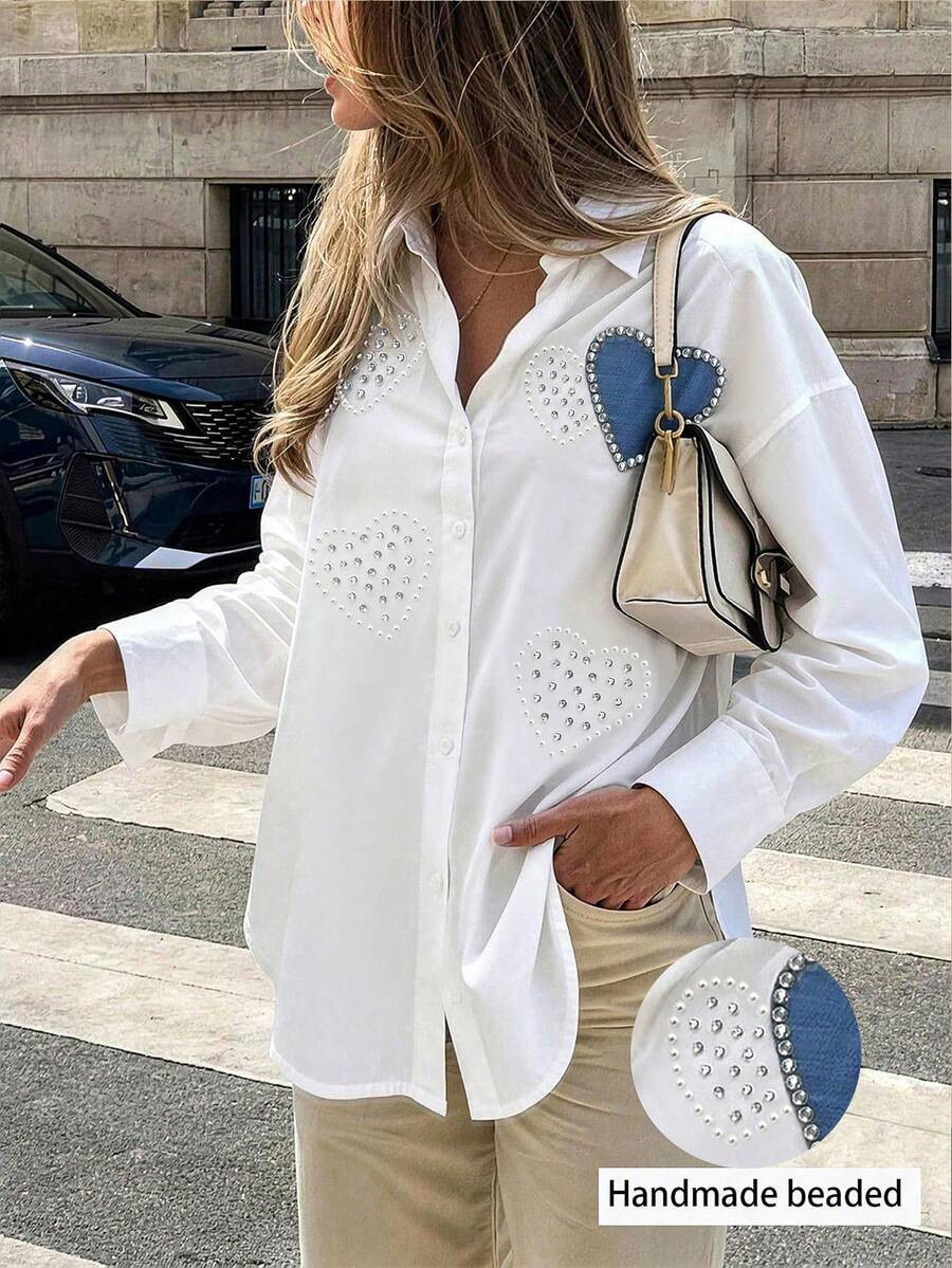 Cévolie Rhinestone Embellished Heart Decor Front Button Casual Long Sleeve Blouse For Women | SHEIN