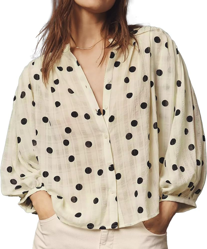 Songling See Through Button Down Shirt for Women Oversized Polka Dot Blouse 3/4 Sleeve Tops Casua... | Amazon (US)