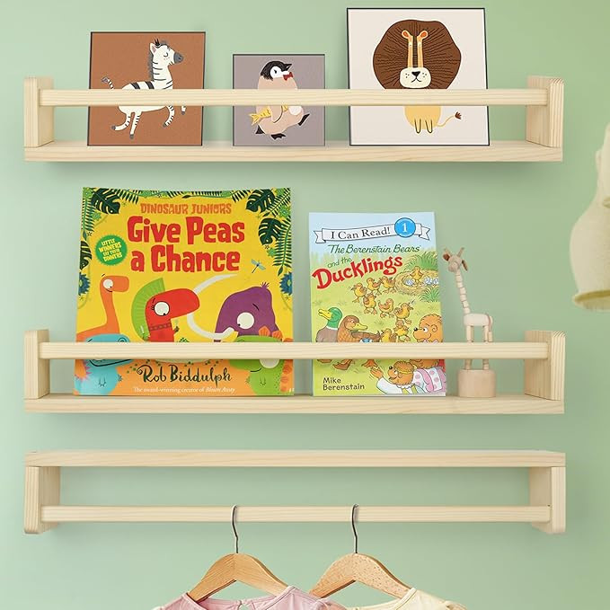 Floating Book Shelves for Wall, 23.6 inch Natural Wood Nursery Shelves for Book Storage, Solid Pi... | Amazon (US)