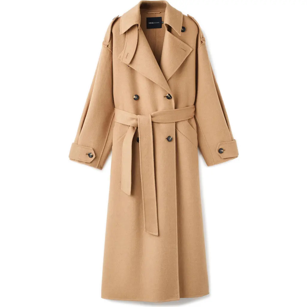 MANGO Selection Double-Breasted Wool Blend Trench Coat in Medium Brown at Nordstrom | Nordstrom
