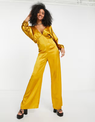 ASOS DESIGN satin plunge kimono sleeve jumpsuit in ochre | ASOS | ASOS (Global)