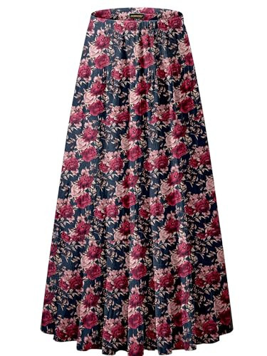 NASHALYLY Women's Chiffon Elastic High Waist Pleated A-Line Flared Maxi Skirts(Navy Floral-290,2XL) | Amazon (US)