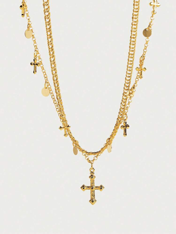 Glisma 18K Gold-Plated Double Cross Necklace, Y2K/For Mom/Women/Girl, Suitable For Fall, Autumn, Winter, Festival, Holiday, Vacation, Old Money, Halloween,Party,Night Club,Shopping,Vintage,PREMIUM,Zirconia,Rhinstone,Cross | SHEIN