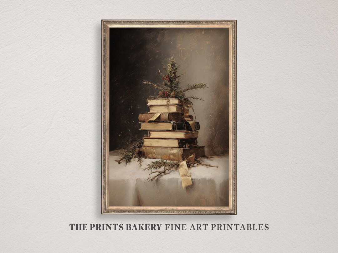 PRINTABLE Christmas Ancient Books Print, Vintage Book Stack Xmas Festive Evergreen Wall Art, Rust... | Etsy (US)