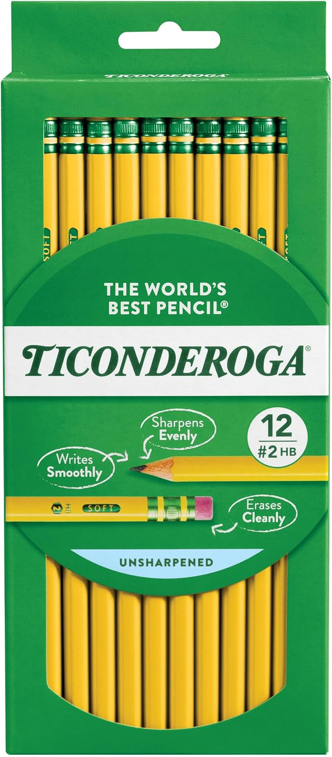 Ticonderoga Wood-Cased Pencils, Unsharpened, 2 HB Soft, Yellow, 12 Count | Amazon (US)