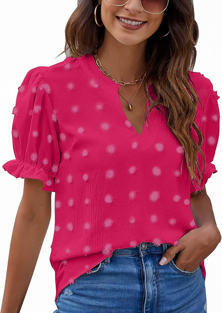 Blooming Jelly Womens Puff Sleeve Summer Tops Chiffon Short Sleeve Blouses White V Neck Pom Pom S... | Amazon (US)