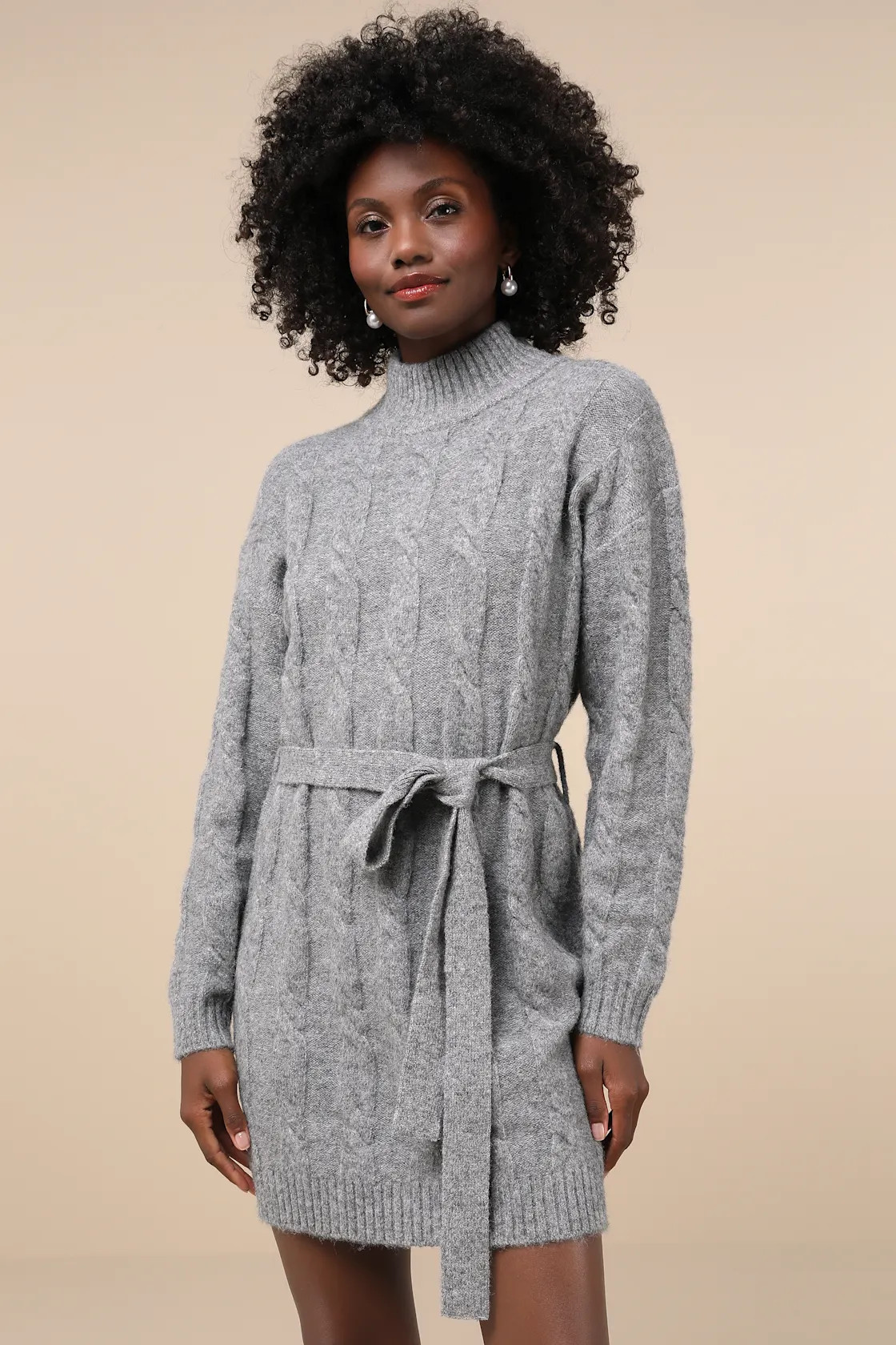 Warmed Up To You Heather Grey Cable Knit Mock Neck Sweater Dress | Lulus