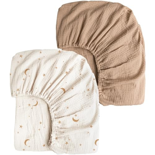 Konssy Muslin Crib Sheets for Girl Boy, 2 PCS Soft and Breathable Cotton Baby Sheets for Standard Crib Mattress, 52"x 28" (Moon,Camel) | Amazon (US)