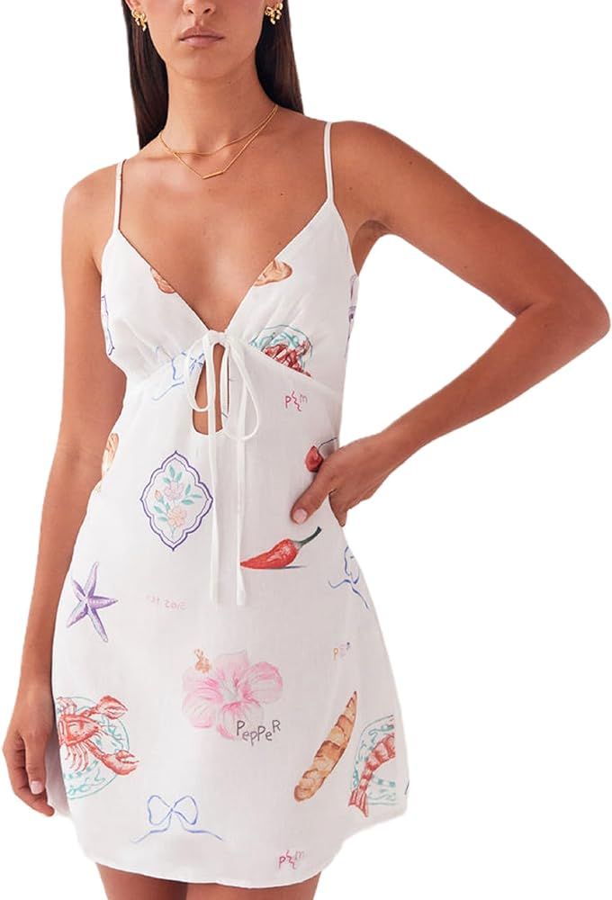 Women Y2K Cute Mini Dress Fruit Print Spaghetti Strap Short Dress Graffiti Cami Dress Sleeveelss ... | Amazon (US)