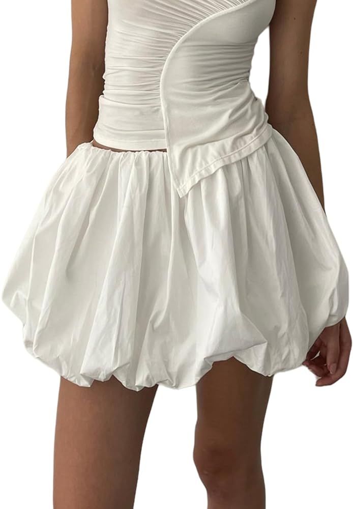 Women Y2K Bubble Skirt High Waist Ruffle Hem A Line Pleated Mini Short Skirt Teen Girls Puffy Sho... | Amazon (US)