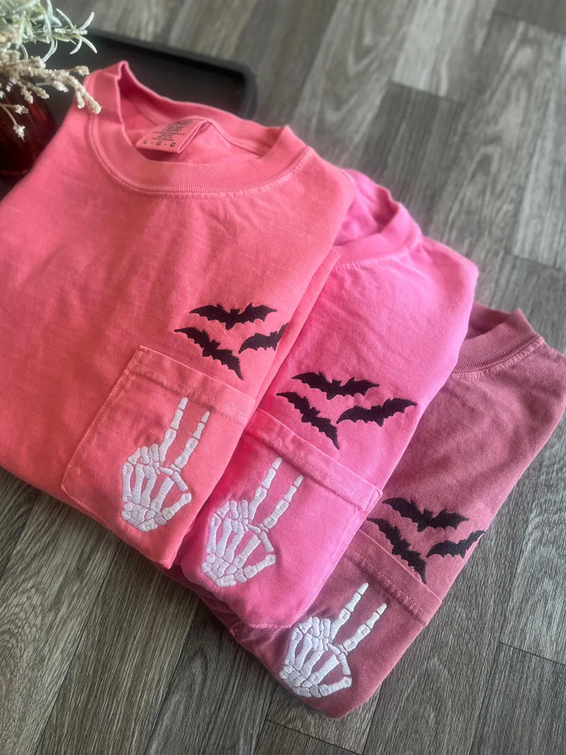 Embroidered Halloween Pocket Tee, Short Sleeve Skeleton Tshirt, Comfort Colors Pocket Tee, Spooky... | Etsy (Global)