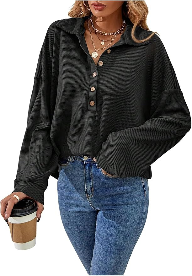 SweatyRocks Women's Waffle Knit Tops Collar Long Sleeve Casual Loose Half Button Shirts Fall Tren... | Amazon (US)