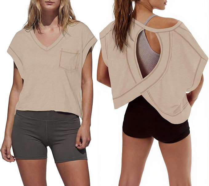 Gacaky Womens V Neck Workout Top Open Back Shirts Oversized Yoga Y2k Athletic Slouchy Running Tee | Amazon (US)