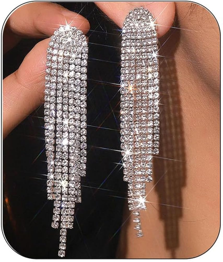 Rhinestone Tassel Earrings Sparkly Long Fringe Crystal Chandelier Dangle Drop Earrings Wedding Pa... | Amazon (US)