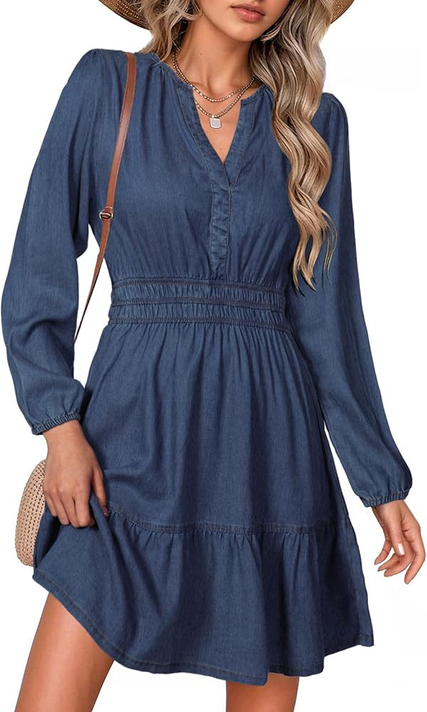 Simplee Womens Fall Denim Dress Casual Long Sleeve V Neck Empire Waist Ruffle A Line Flowy Short ... | Amazon (US)