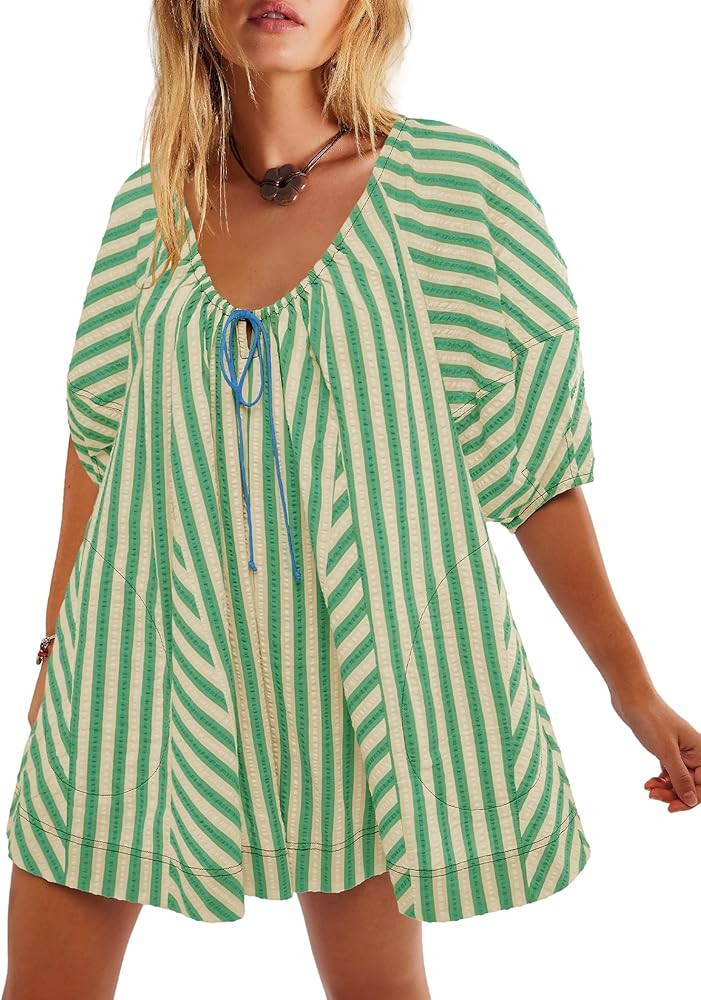 Yanekop Womens Romper Dress with Shorts Striped Romper Overall Oversized Short Jumpsuit V Neck Pu... | Amazon (US)