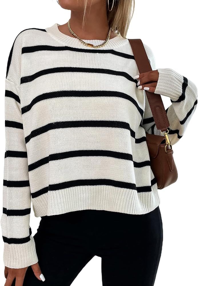 SheIn Women's Striped Round Neck Sweater Long Sleeve Casual Pullover Tops | Amazon (US)