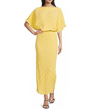 Never Fully Dressed Tilly Plisse Gold Fleck Print One Shoulder Neck Short Sleeve Maxi Dress - S | Dillard's