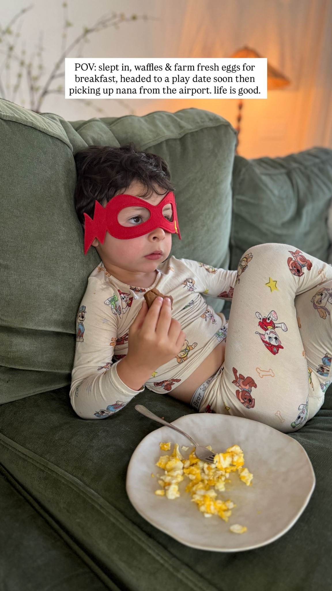 POV: slept in, waffles & farm fresh eggs for breakfast, headed to a play date soon then picking up nana from the airport. life is good.

In his favorite paw patrol pajamas! 

#LTKmomlife #LTKKids