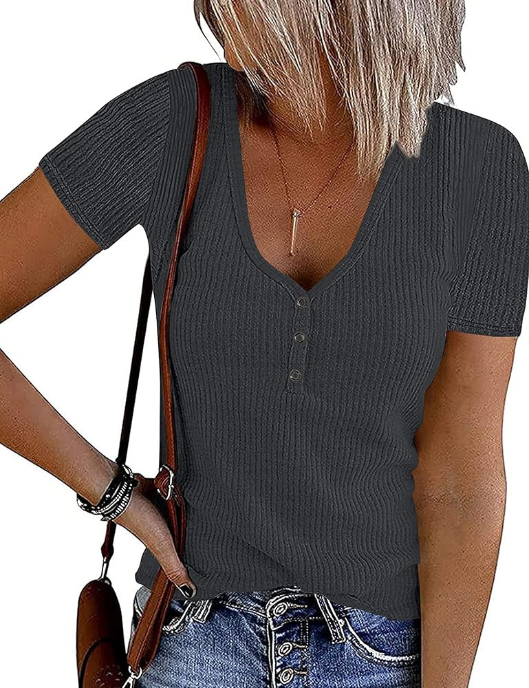 MEROKEETY Women's Short Sleeve V Neck Ribbed Knit Button T Shirts Henley Solid Color Summer Tops | Amazon (US)
