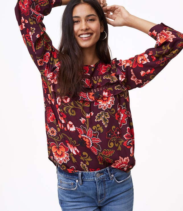 Woodland Cutout Ruffle Yoke Blouse | LOFT