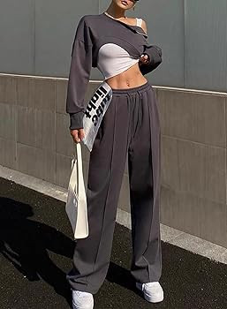 Aleumdr Women's High Waisted Drawstring Waist Wide Leg Sweatpants with Pockets Casual Loose Yoga ... | Amazon (US)