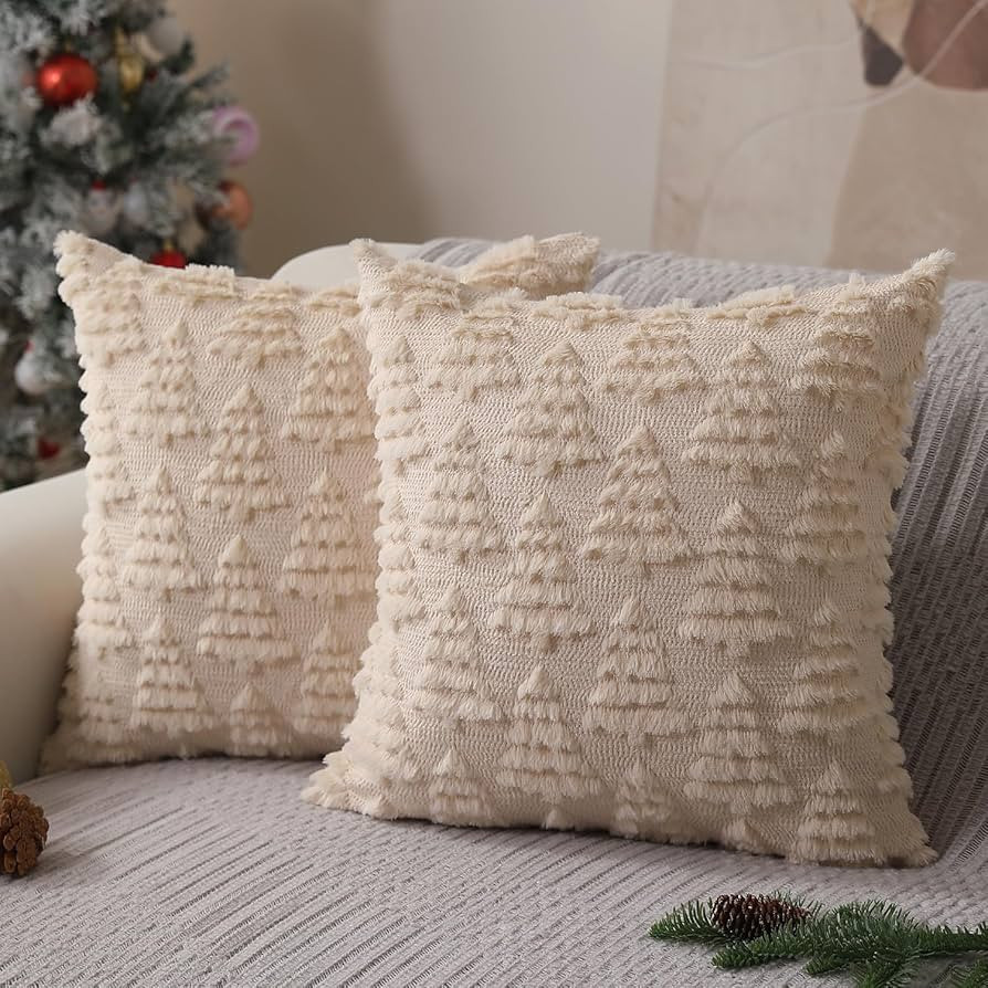 Christmas Pillow Covers 18 x 18 Set of 2 Xmas Decorations Beige Christmas Tree Pillow Cases Plush... | Amazon (US)