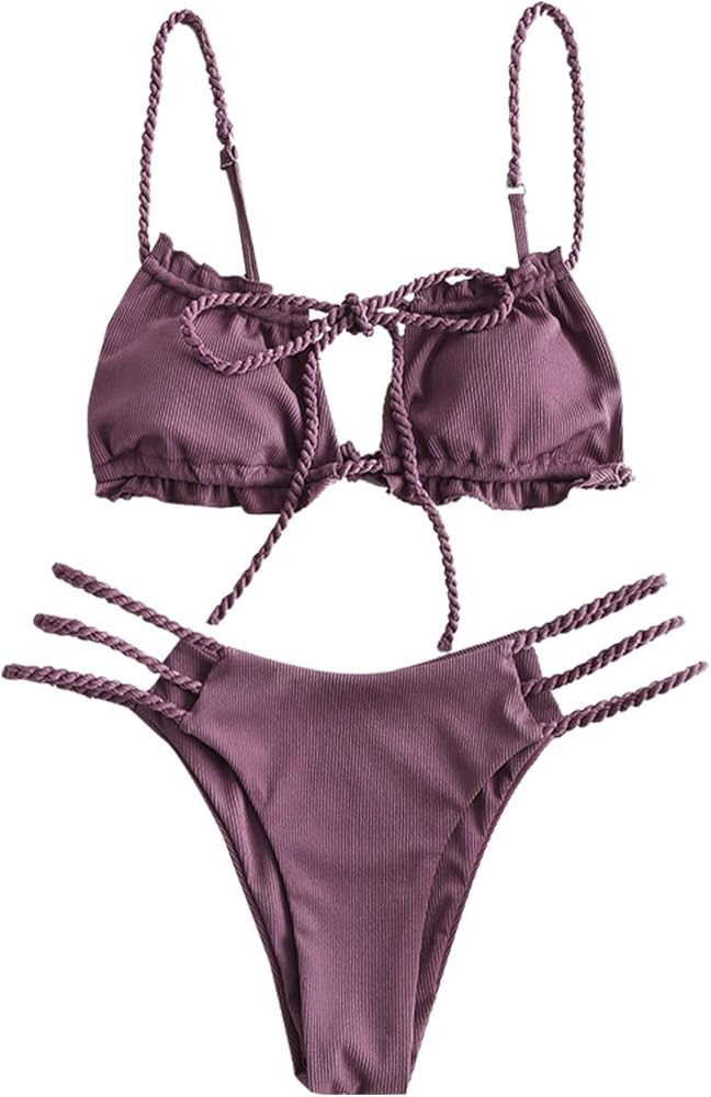 ZAFUL Women Cutout 2 Pieces Swimsuit, Sexy High Cut Keyhole Bikini Tie Side String Ribbed Bathing... | Amazon (US)