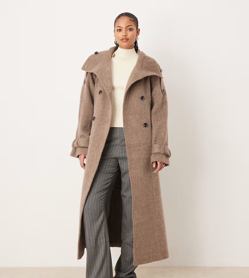 ASOS DESIGN Tall brushed funnel neck trench coat in mushroom-Brown | ASOS (Global)
