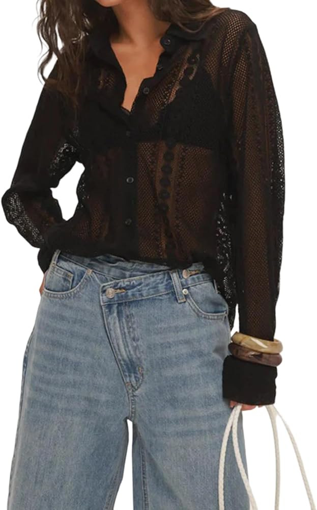 Women's Lace Long Sleeve Top Dressy Casual Embroidery Y2K Hollow Out Sheer Mesh Button Up Shirt B... | Amazon (US)