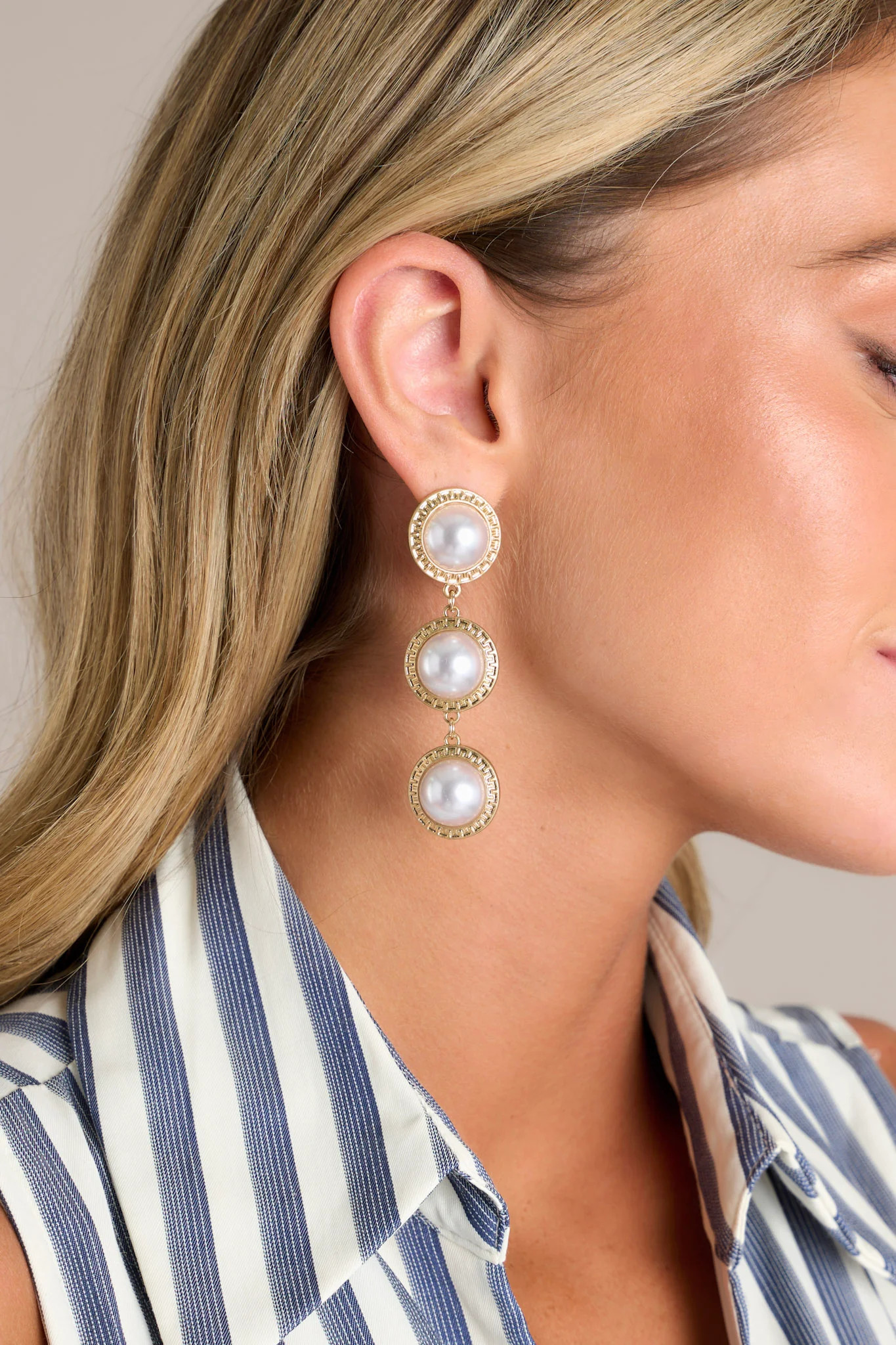 Lunar Glow Gold Pearl Drop Earrings | Red Dress