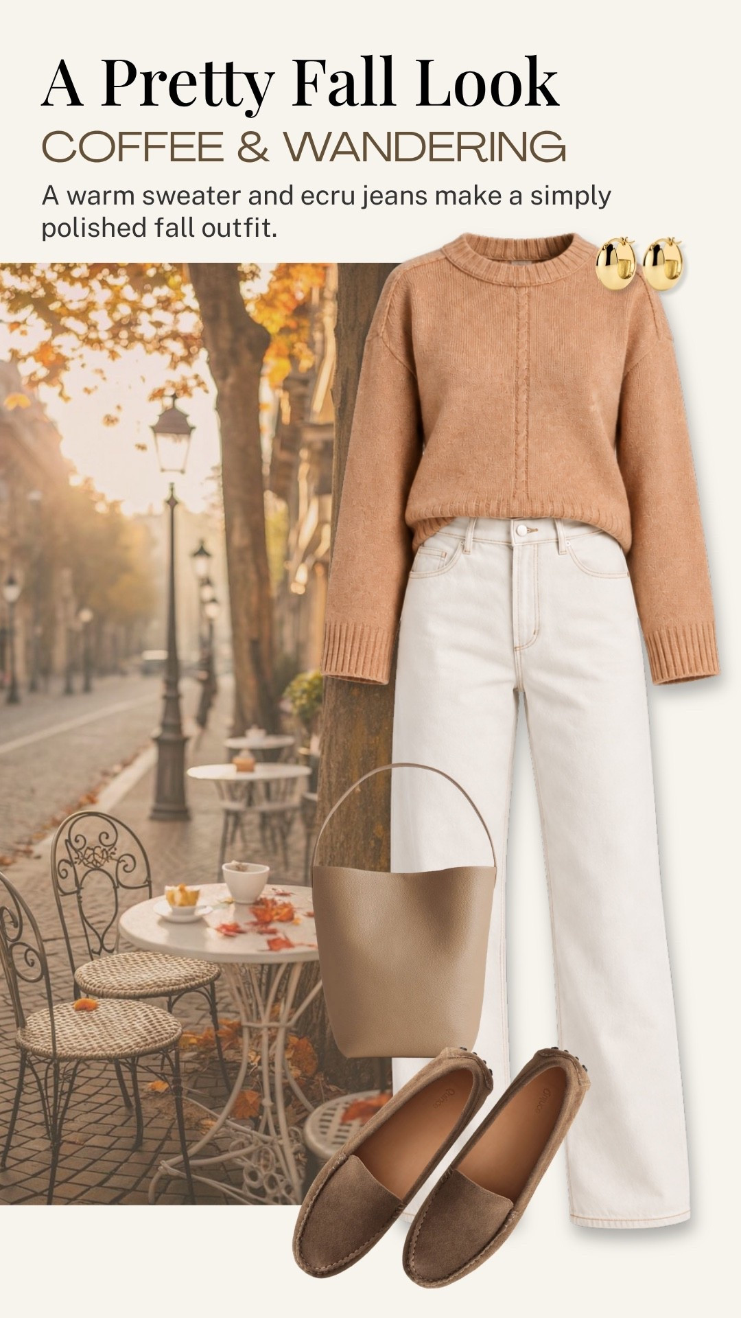 A warm, textured sweater and crisp ecru jeans are an easy combination for fall. I love the relaxed, neutral palette with suede loafers and a simple tote, it feels polished enough for coffee and wandering around town, without feeling overdone.

#LTKootd #LTKOver40 #LTKTravel