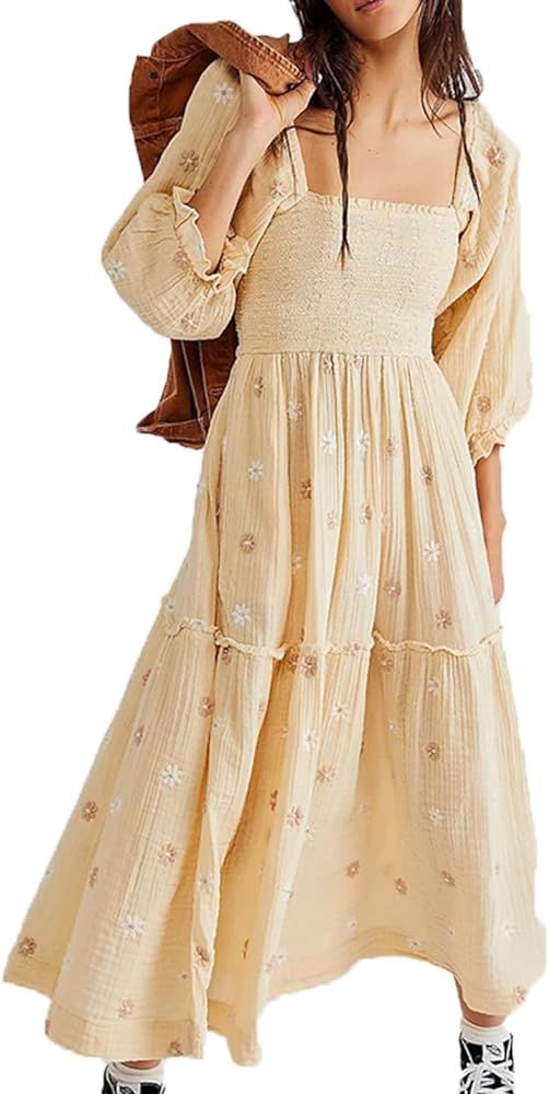Yeenily Women Bohemian Floral Dress Lantern Sleeve Square Neck Flower Embroidered Maxi Dress Flowy High Waist Long Dress | Amazon (CA)