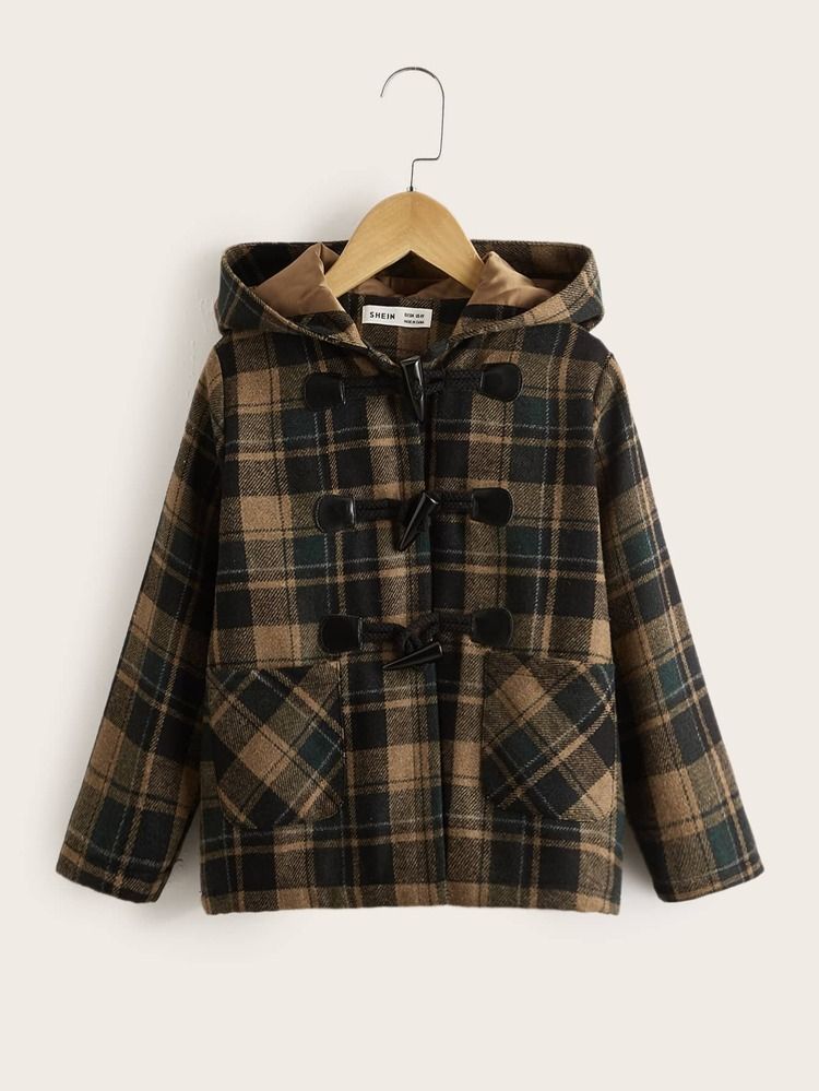 SHEIN Toddler Boys Plaid Pocket Front Duffle Hooded Coat | SHEIN