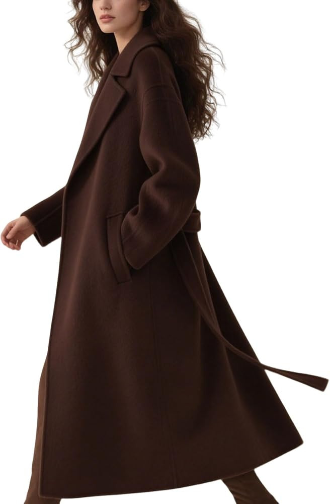 utcoco Women's Oversized Long Winter Wool Coat Belted Notch Lapel Maxi Trench Coat Overcoat | Amazon (US)