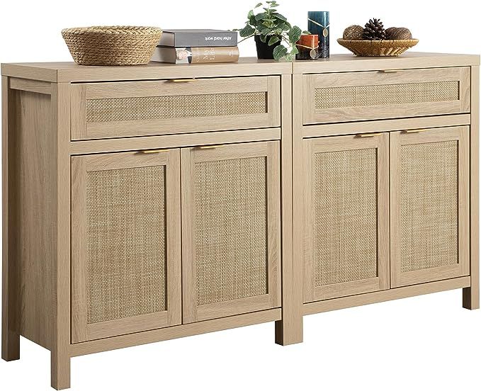 SICOTAS Sideboard Buffet Storage Cabinet Set of 2, Rattan Credenza Buffet Table, Boho Console Acc... | Amazon (US)