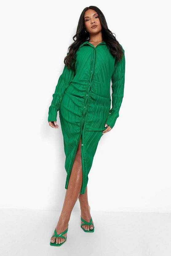 Plus Plisse Midi Ruched Shirt Dress | Boohoo.com (US & CA)