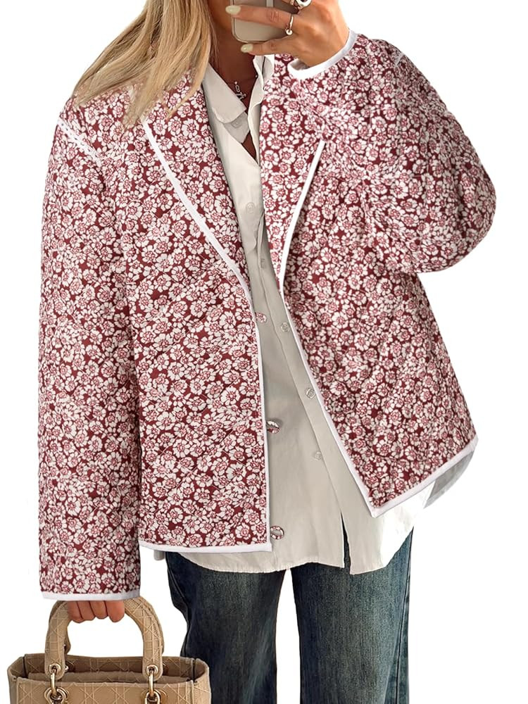 Tankaneo Womens Puffer Quilted Jacket Lightweight Floral Print Button Down Long Sleeve Patchwork ... | Amazon (US)