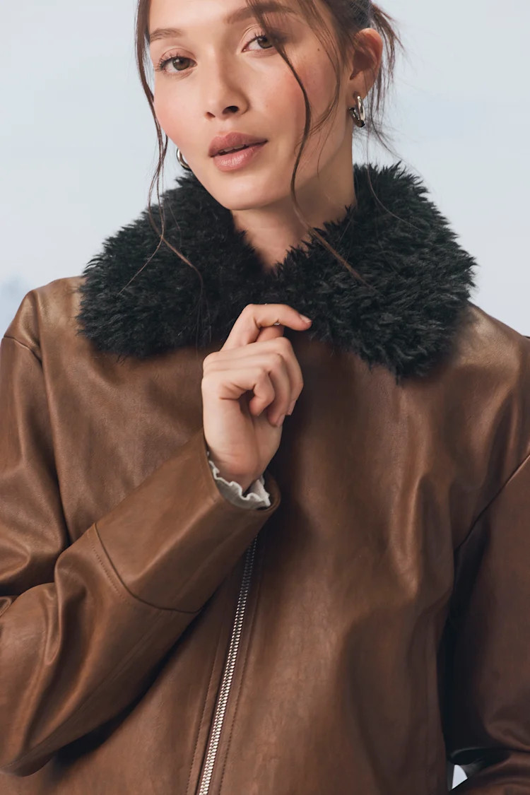 Valencia Brown Vegan Leather Faux Fur Jacket | Lulus