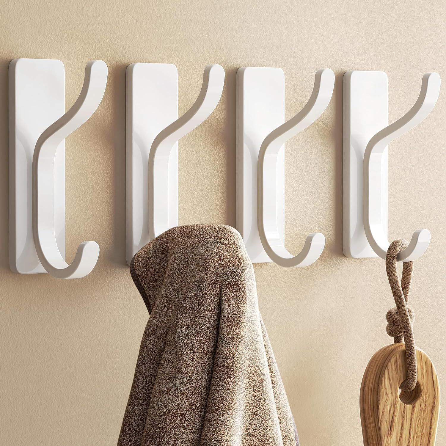 Adhesive Wall Hooks for Towel/Coat,13Lb Strong Stick-On Hooks, White 4 Pack | Amazon (US)