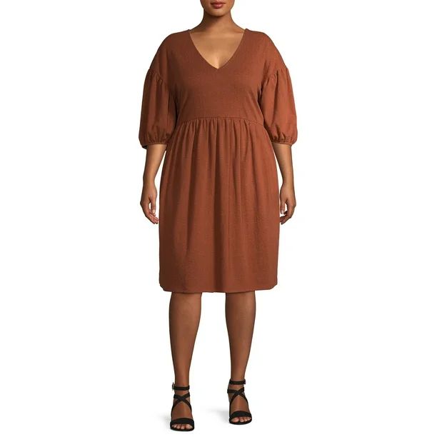 Terra & Sky Women's Plus Size V-Neck Puff Sleeve Dress | Walmart (US)