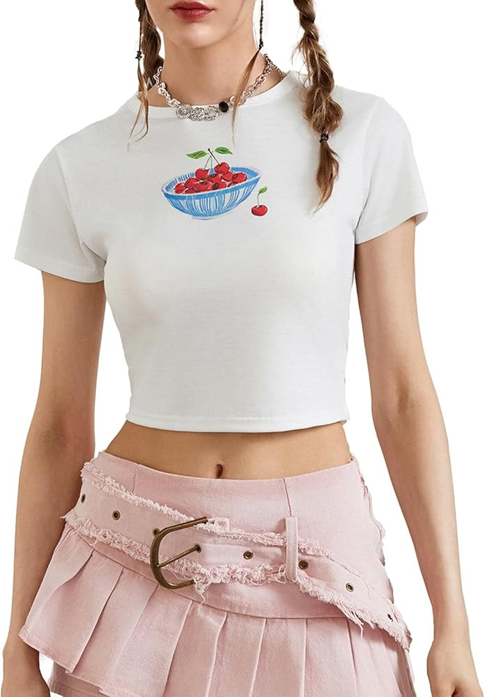 Graphic Baby Tees for Women Y2k Tops Teen Girls Fruit Print Crop Tops Coastal Summer Clothes Vint... | Amazon (US)
