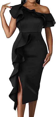 Bodycon Formal Black Dress for Women Party Night Sexy One Off Shoulder Ruffles Split Hem Midi Cocktail Dreeses with Zipper (Small) | Amazon (US)