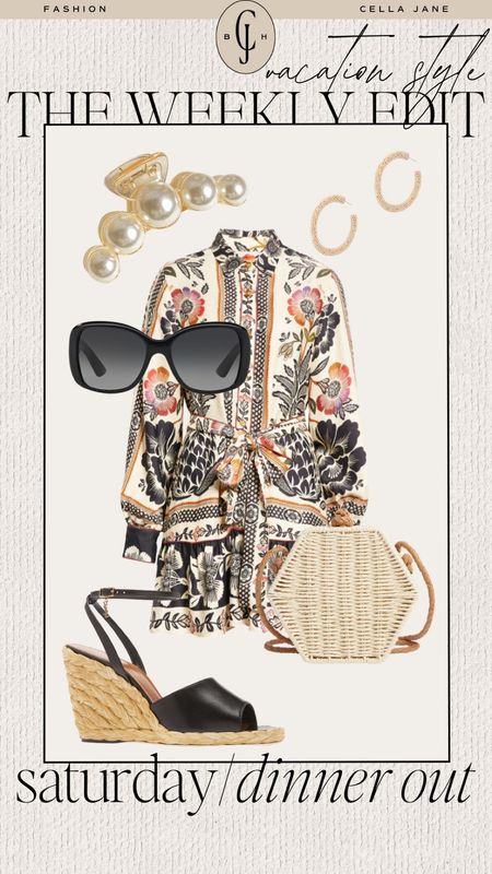 Cella Jane weekly edit vacation style. For any warm weather trips you might be taking soon. Saturday dinner out. Patterned dress, rattan bag, espadrille heels, sunglasses, Pearl clip  

#LTKstyletip #LTKtravel