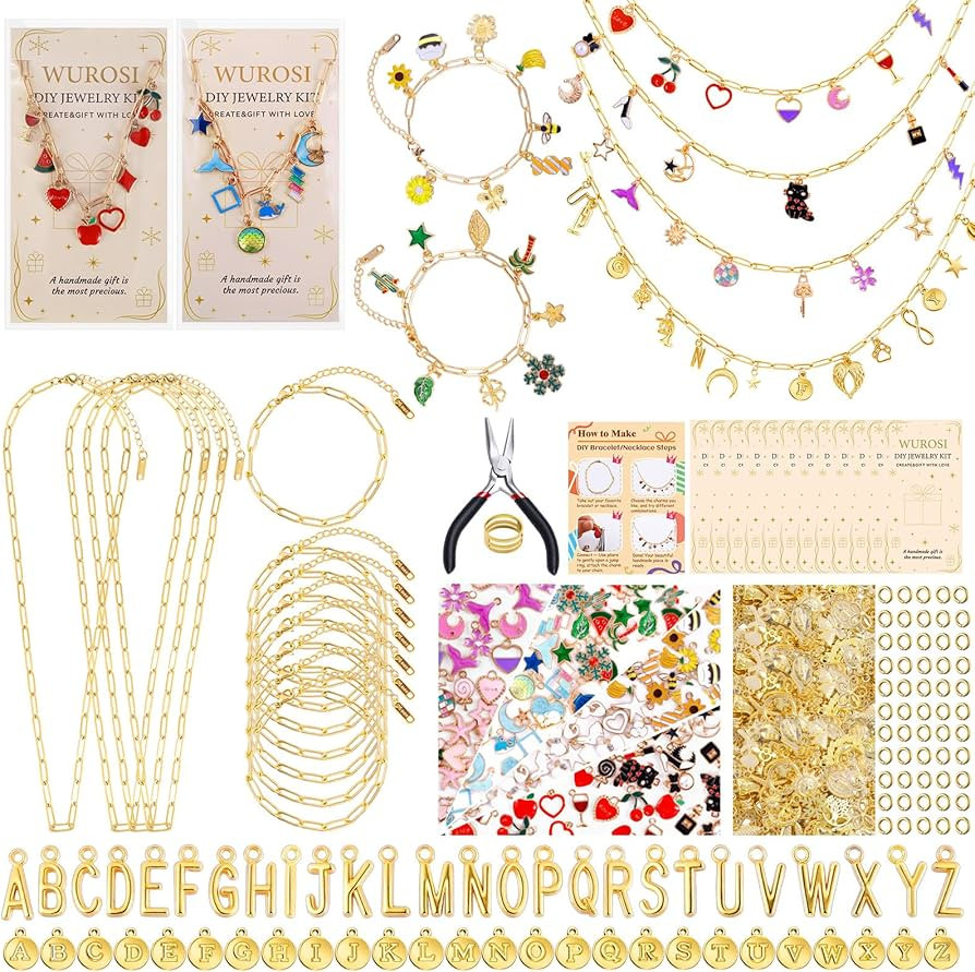 Wurosi 443 Pcs Gold Charm Bracelet Necklace Making Kit for Women, Including 8 Paperclip Chain Bra... | Amazon (US)