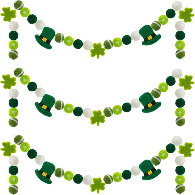 3 Pack St. Patrick's Day Felt Garlands- 6 Feet Pom Pom Felt Ball Shamrock Leprechaun Hat Hanging ... | Amazon (US)