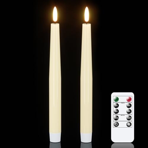 GenSwin LED Taper Candles, Flameless Taper Candles Battery Operated with Remote Timer, Set of 2 Real Wax White Flameless Candlesticks with 3D Flickering Flame for Home Wedding Decor (0.78” x 9.84”) | Amazon (US)
