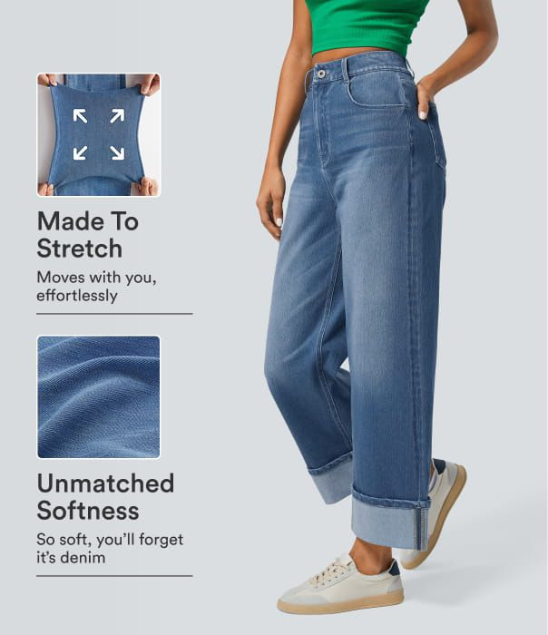 Women’s Halara Flex™ High Waisted Pockets Rolled Hem Wide Leg Washed Casual Jeans - Halara | HALARA