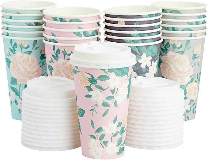 Juvale 4 Pastel Designs 24 Pack Floral Paper Coffee Cups with Lids - Disposable To-Go Drinkware f... | Amazon (US)
