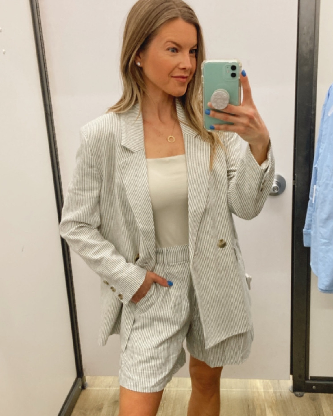 Shorts Suit
Pinstripe Blazer
Trouser Shorts
Square-Neck Bodysuit

#LTKunder50 #LTKstyletip #LTKSeasonal